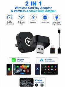 Plug And Play CarPlay Converter, Converts Wired Connection To Wireless, 2-In-1 Wireless CarPlay And Android Auto Adapter, Fast Connection, Compatible With USB/USB-C Interface, Compact Size - A - View 2
