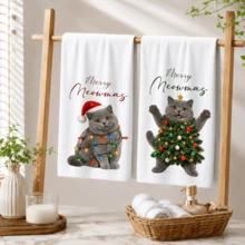 2/4/6件組聖誕主題貓咪浴室毛巾套組，浴室套組，Merry Meowmas 小貓手巾，浴室裝飾與配件，廚房裝飾與配件，聖誕禮物 - 彩色 - 查看 4