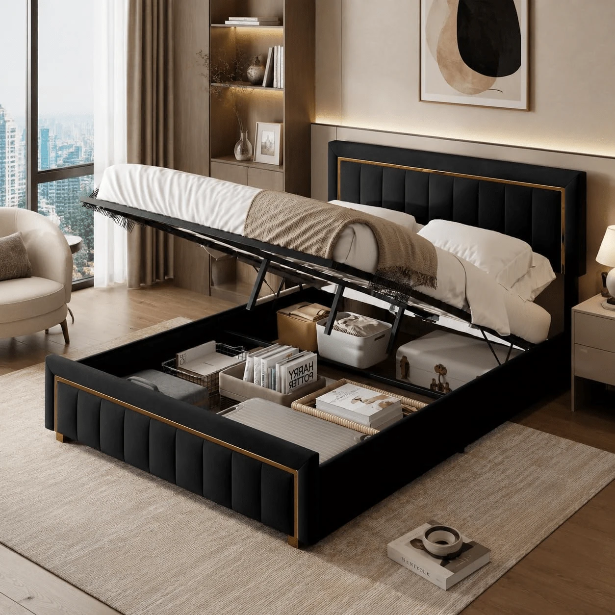 4ft6 Double Bed, Ottoman Bed With Hydraulic Storage & Headboard