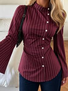 Fall Striped Stand Collar Wrap Blouse, Flare Long Sleeve Button Detail Tie Waist Women Top - Multicolor - View 4