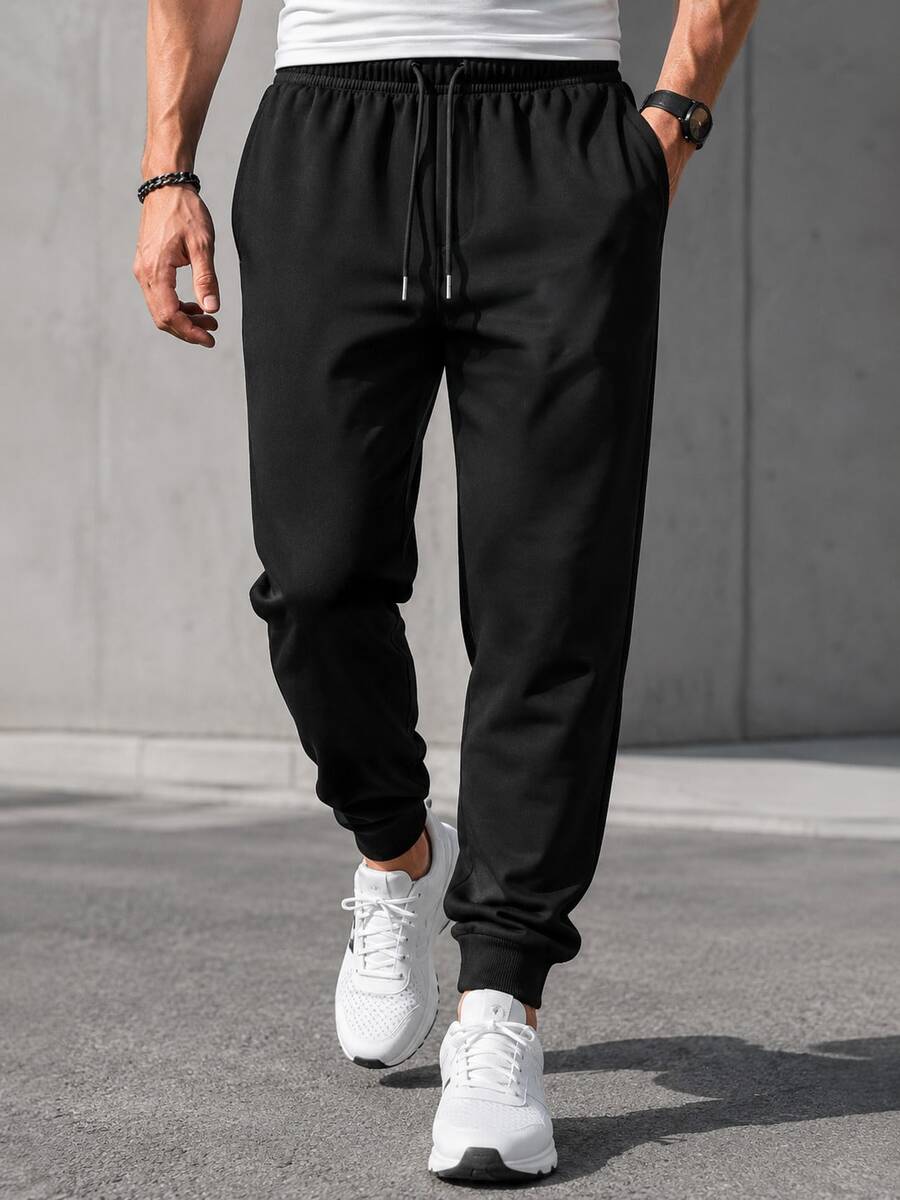 Men's Lightweight Casual Long Pants For Spring, Summer, Autumn, Drawstring Waist Design, Simple Basic Style, Suitable For Outdoor Sports And Daily Wear, Perfect Gift For Husband, Boyfriend - Black - View 1