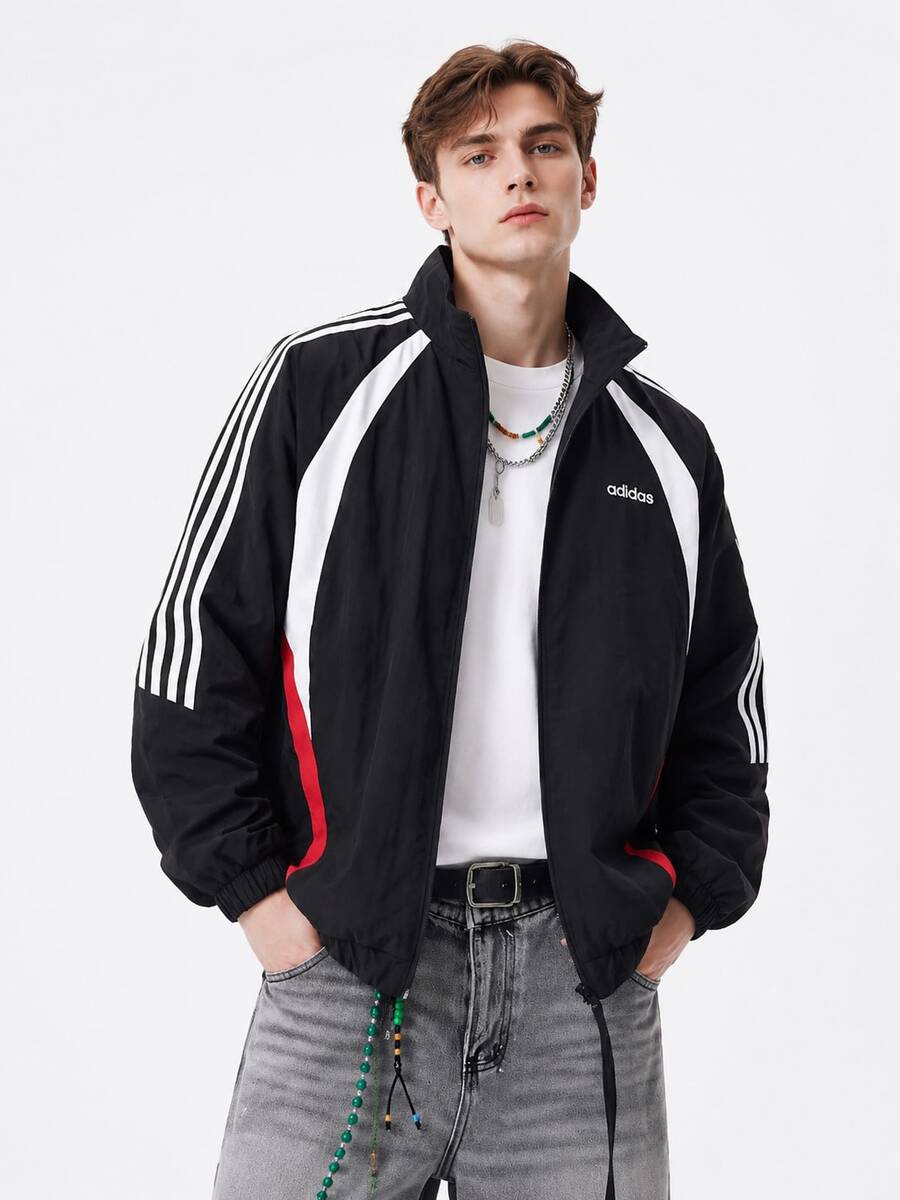 Adidas New Men's Color-Block Striped Windproof Waterproof Woven Versatile Casual Three-Stripe Stand Collar Jacket - Black/Red & White - View 1
