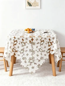 1pc Pink/White Floral Embroidered Hollow Tablecloth, Square Decorative Table Cover, Vintage Style Dining Table Home Decor, Suitable For Daily Home Decoration - White - View 1