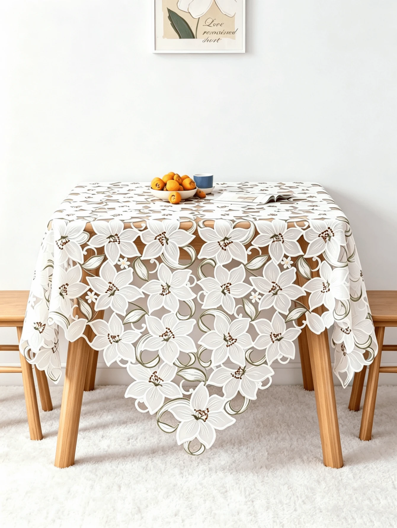 1pc Pink/White Floral Embroidered Hollow Tablecloth, Square Decorative Table Cover, Vintage Style Dining Table Home Decor, Suitable For Daily Home Decoration - White - View 1