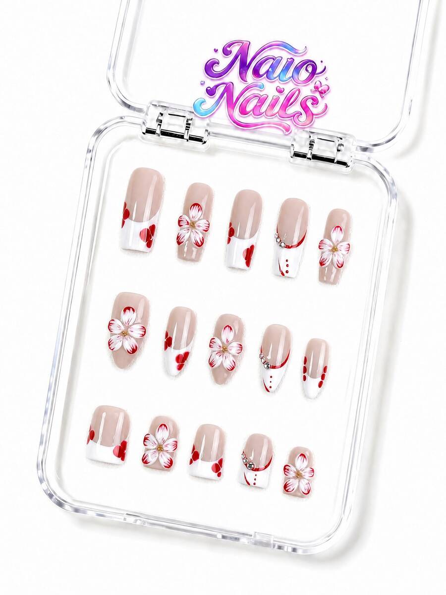 NAIO 10pcs/Set Y2K Handmade Press-On Nails, Nude White Red French Tip, Hand-Painted 3D Red White Flower Heart Rhinestone Nail Art, Elegant Wedding Bridal Style, Suitable For Party And Daily Wear, 3 Sizes Coffin/Almond/Short Square, Acrylic False Nails - Multicolor - View 1