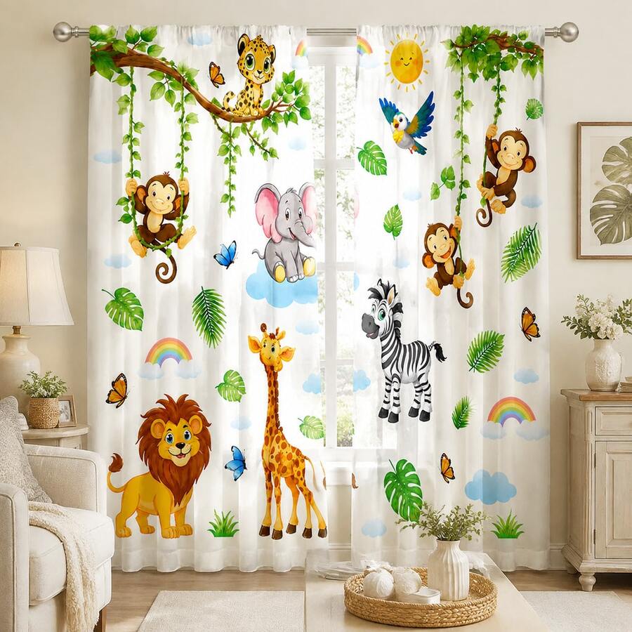 2 Pieces Of Semi Transparent Curtains With Tropical Rainforest Animal Prints, High-Definition Digital Printing, Privacy Protection, Hand Wash And Machine Wash, Suitable For Home Decoration In Living Rooms, Children's Bedrooms, And Study Rooms - Multicolor - View 1