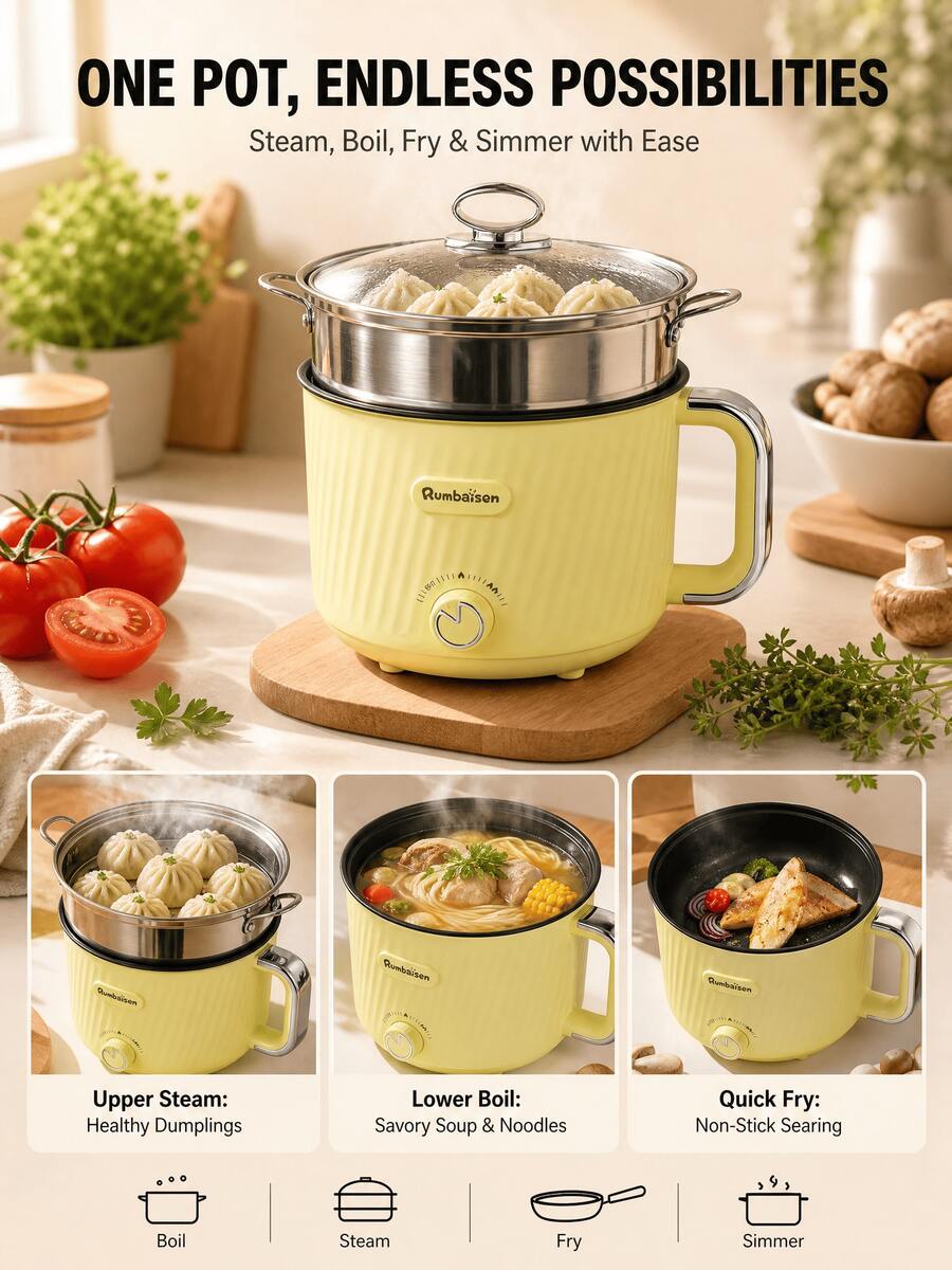 Portable Electric Steamer Pot, Multi-Functional Non-Stick Cooker, Suitable For 1-3 People, Applicable For Stir-Frying, Stewing, Steaming, Cooking Rice, Cooking Noodles, Making Soup, Cooking Porridge, Hot Pot And Steaming Buns - Yellow - View 1