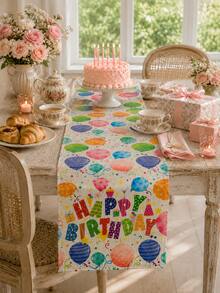 1pc-Birthday Linen Table Runner, Colorful Happy Birthday Table Decor With Balloons Cake Gifts And Confetti, Rustic Farmhouse Birthday Party Decorations For Dining Table Kitchen Home - Multicolor - View 2