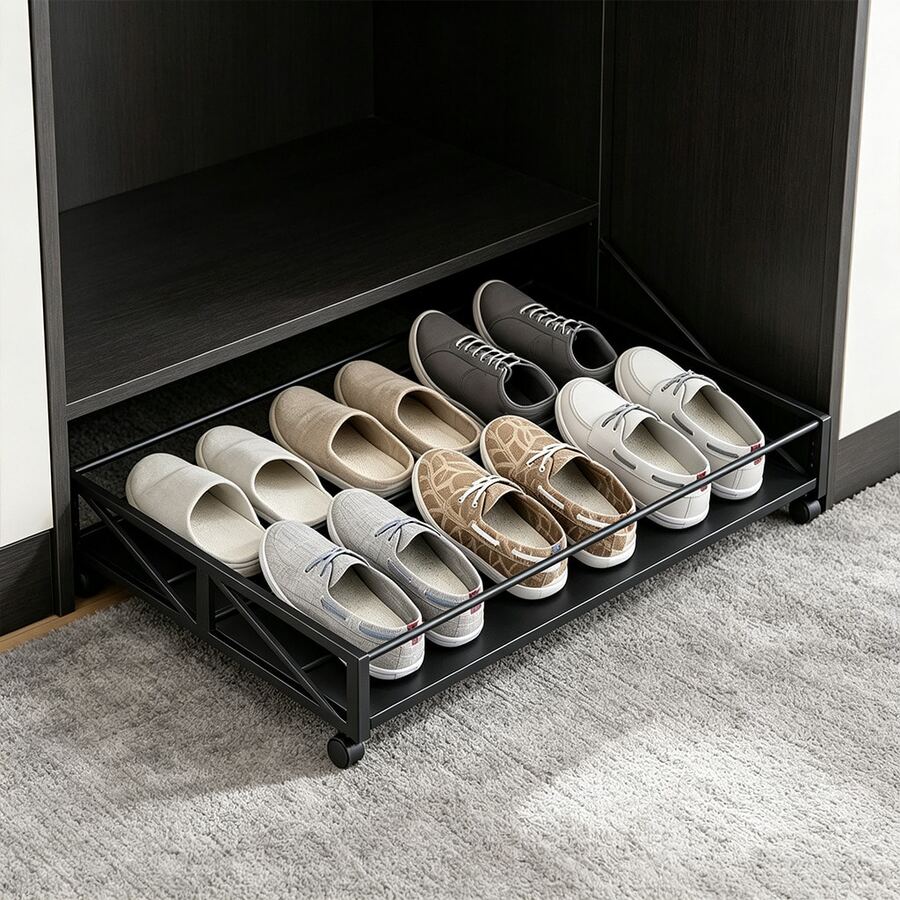 1pc Minimalist Shoe Storage Rack With 360° Swivel Casters, Multi-Functional Iron Storage Rack, Suitable For Bedroom, Dorm, Entryway, Under Sofa, Home Use, Easy Installation, Narrow/Long Style, Space-Saving Storage Solution, Mother's Day And Christmas Gift