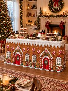 Christmas Gingerbread House Table Skirt, Gingerbread Man Candy Cane Peppermint Print Polyester Table Cover, Festive Holiday Party Decor For Dessert Table, Buffet, Dining Room, Kitchen And Xmas Home Decoration - E - View 2