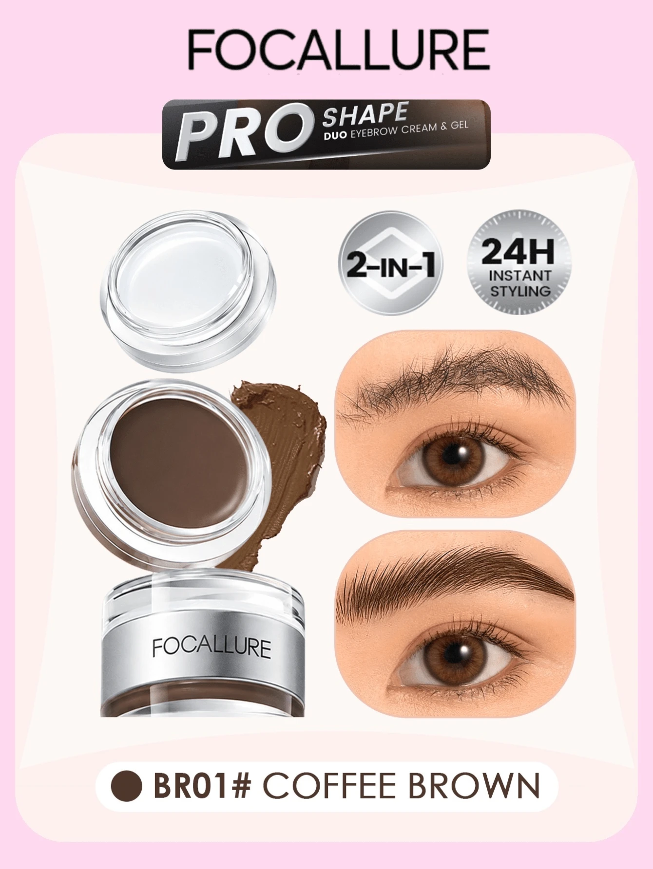 FOCALLURE 2.5g+2.5g Colored Eyebrow Pomade + Transparent Eyebrow Wax 2-In-1, Eyebrow Filling & Shaping, High Pigment, Long-Lasting & Smudge-Proof, Volumizing & Enhancing, Creamy Smooth Texture, No Clumping, Waterproof & Sweat-Proof - BR01# COFFEE BROWN - View 1