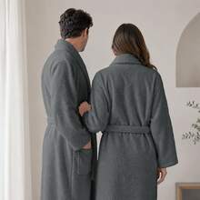 Albornoz de Algodón 90% para Pareja, Bata de Baño Absorbente con Cuello Chal, Bolsillos Grandes y Cinturón Ajustable, Colores Blanco/Crema/Gris Claro/Gris Oscuro/Azul Marino, Tallas S-XXL - Gris Oscuro - Ver 6