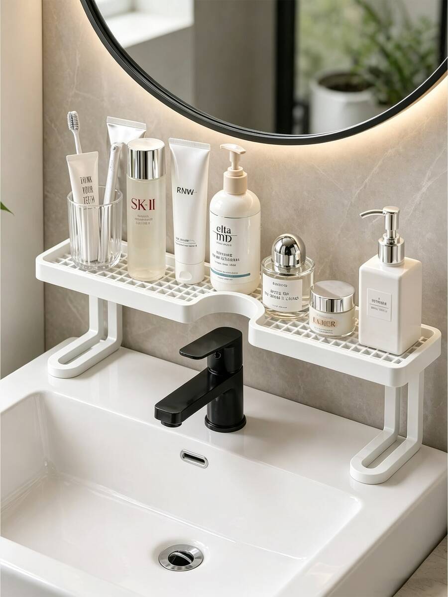 50CM Large Faucet Storage Rack, No-Drill Sink Organizer, Bathroom Countertop Corner Shelf, Desktop Drainage Rack