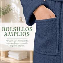 Albornoz de Algodón 90% para Pareja, Bata de Baño Absorbente con Cuello Chal, Bolsillos Grandes y Cinturón Ajustable, Colores Blanco/Crema/Gris Claro/Gris Oscuro/Azul Marino, Tallas S-XXL - Azul marino - Ver 8