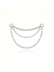 1pc S925 Sterling Silver Single Basic Lip Chain Double Layer Bead Chain Piercing Ear Hoop Accessory Long Chain Cartilage Chain Pierced Earring With Chain - Silver - View 9