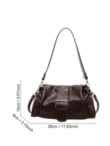 Solid Color Oil Wax PU Leather Baguette Bag For Women, Large Metal Square Buckle Wide Strap, Vintage Distressed Adjustable Shoulder Underarm Crossbody Bag - Coffee - View 3