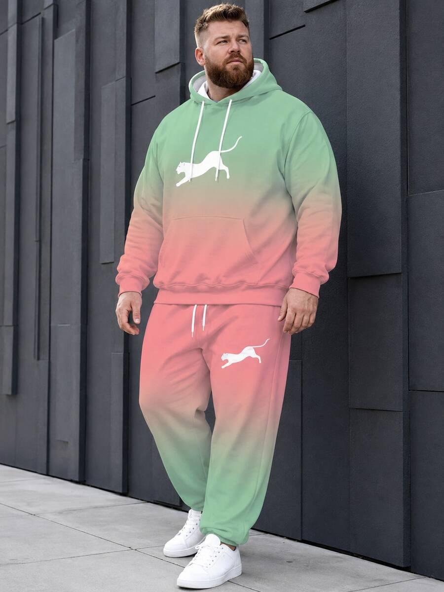 Men's Street Casual Minimalist Series "Gradient Design & Leopard" Plus Size Hoodie Sweatshirt Set Spring Autumn Winter Sports 2 Pieces Set - Ins Style Loose Fit Plus Size Comfortable Hoodie + Jogger Pants Street Hip-Hop Versatile - Multicolor - View 1
