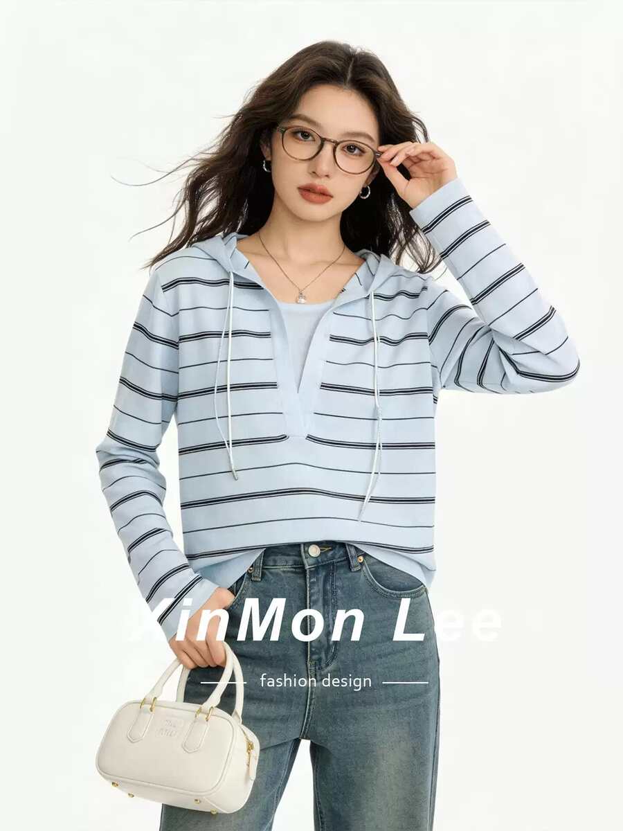 時尚顯年輕條紋拼色假兩件式親膚連帽針織毛衣 T-shirt 抽繩上衣 早春優雅旅行休閒度假款 - 霧霾藍 - 查看 1