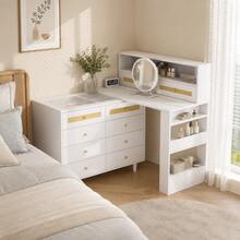 Vanity Table With Jewelry Cabinet And Mirror, 10 Drawers, Tempered Glass Top And Rattan Decor, Large Dressing Table With Ample Storage, 105 * 50 * 108 Cm, White, For Bedroom And Dressing Room - View 6