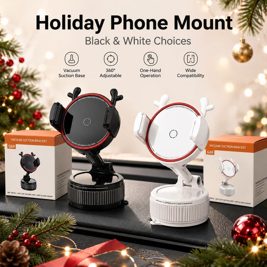 1pc G69 Reindeer Shaped Car Phone Holder, Vacuum Suction Cup Dashboard And Windshield Mount, 360° Rotatable And Foldable Smartphone Stand, Adjustable Side Clamps, Supports Vertical And Horizontal Viewing, Car Desktop Rear Screen Holder, Black/White Holiday Car Accessory, Suitable As Christmas And Halloween Gift For Female Drivers