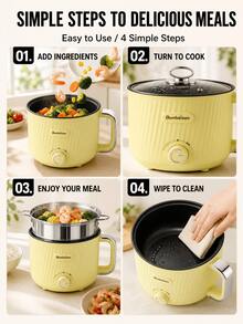 Portable Electric Steamer Pot, Multi-Functional Non-Stick Cooker, Suitable For 1-3 People, Applicable For Stir-Frying, Stewing, Steaming, Cooking Rice, Cooking Noodles, Making Soup, Cooking Porridge, Hot Pot And Steaming Buns - Yellow - View 8