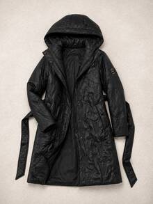 Women's Hooded Quilted Puffer Jacket Mid-Length Zip Up Winter Coat With Waist Drawstring - Black - View 6