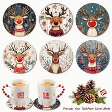 6PCS Christmas Reindeer Wooden Coaster Set - Perfect Choice For Holiday Table Decor And Gifts, Suitable For Home Decor, Coffee Shop, Afternoon Tea, Restaurant Decor, Themed Party, Daily Decoration, Also Can Be Given As Christmas Gift - Multicolor - View 1