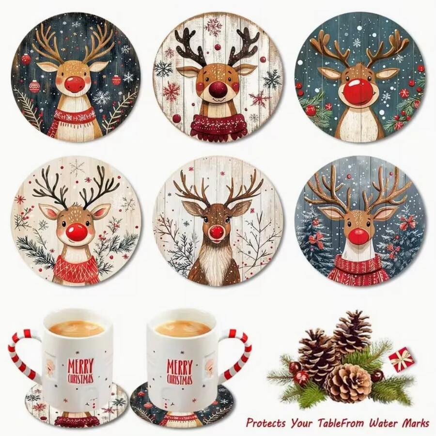 6PCS Christmas Reindeer Wooden Coaster Set - Perfect Choice For Holiday Table Decor And Gifts, Suitable For Home Decor, Coffee Shop, Afternoon Tea, Restaurant Decor, Themed Party, Daily Decoration, Also Can Be Given As Christmas Gift - Multicolor - View 1