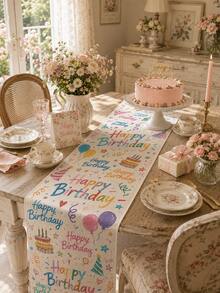 1pc-Birthday Party Linen Table Runner, Colorful Happy Birthday Print With Balloons Cake Party Hats Stars And Confetti, Rustic Table Decor For Birthday Celebration Dining Kitchen Home - Multicolor - View 5