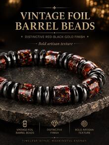 2pcs/Set Men's Beaded Bracelet Set, 8mm Vintage Foil Barrel Beads & Obsidian Tiger Eye Elastic Bracelets, Stackable Stretch Bracelets, Men's Jewelry Gift - 2-piece Set - View 4