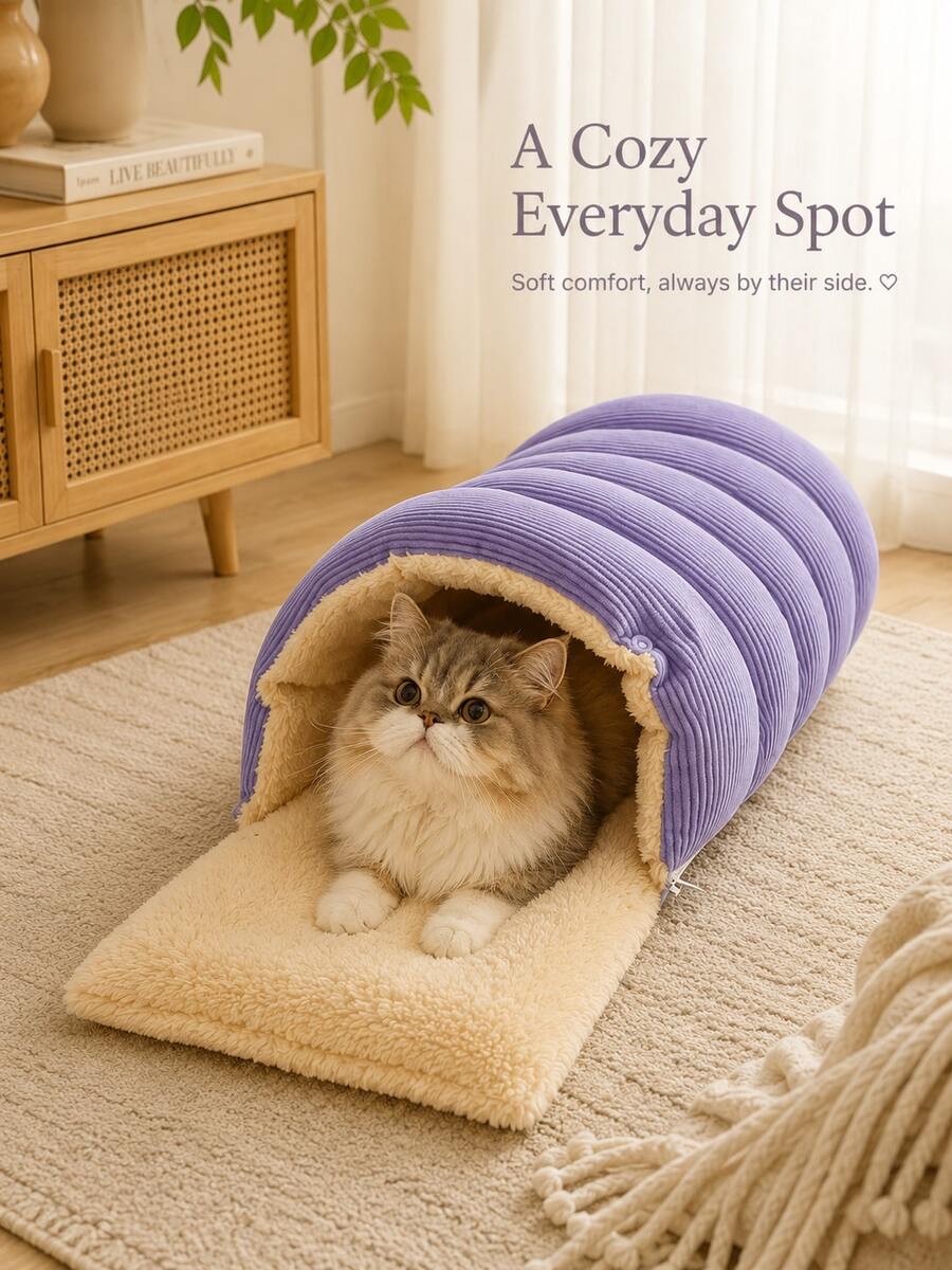 2-In-1 Convertible Pet Bed, Corduroy Outer + Plush Inner Cat Sleeping Bag, Button & Zipper Design Multi-Style Kitten & Puppy Nest, Soft & Warm Indoor Cat & Small Dog Pet House, Multiple Colors Suitable For Home Daily Rest - Multicolor - View 1