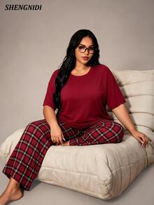 Women's Plus Size Pajama Set, Red Plaid Long Pants, Round Neck Short Sleeve Top, Spring Summer Autumn Loungewear - Red - View 1