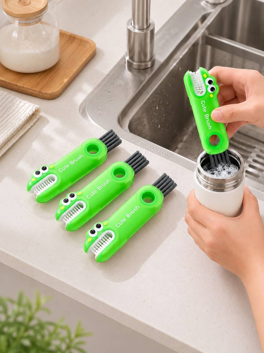 2pcs 3-In-1 Cup Lid Cleaning Brush - Multi-Functional Brush, Suitable For Insulated Cup Lids, Water Bottle Lids And Cups, Detachable Mini Brush, Can Clean Hard-To-Reach Areas (Cute Cartoon Design)