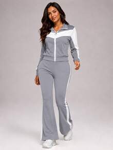 CZRLHYT ColorBlock Knit Women's Zip-Front Jacket & Pants 2 Pieces Outdoor Sports Set, Island Vacation Outfit - Grey - View 1