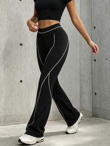 Hidkat Women's Fashion Solid Color High Waist Slim Fit Yoga Sports Knit Flare Pants - Black - View 4