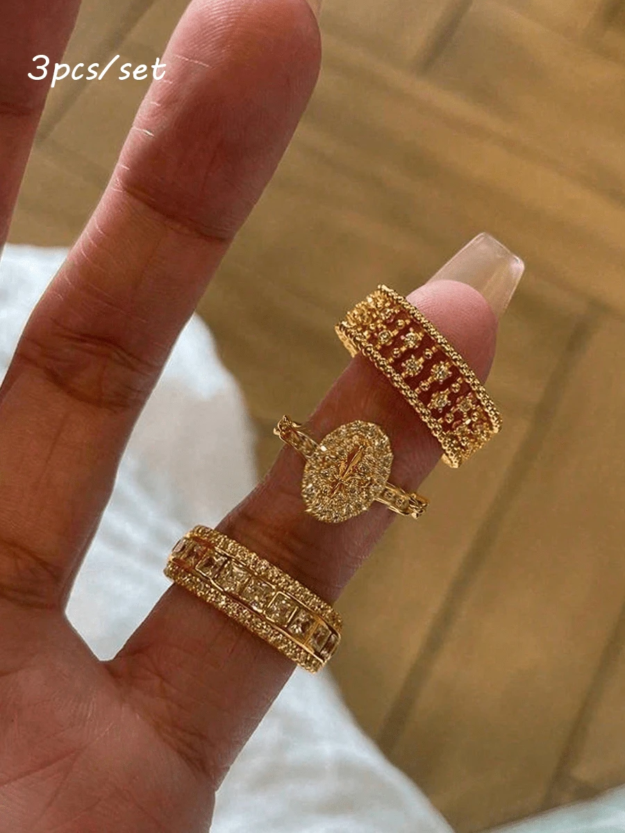 rundraw 1/3pcs 2026 New Hollow Palace Carved Pattern Full Rhinestone Fashion Luxury Copper Gold Women's Open Ring, Suitable For Party, Gathering, Commute, Daily Outfit Accessory