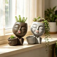 Unique Resin Human Face Planter, Cute Closed-Eye Face Design With Handle, UV-Resistant Outdoor Decor, Suitable For Garden, Yard, Balcony, Patio, Rustic Style, Creative Resin Planter, Perfect For Plant Lovers And Home Decor Enthusiasts, Great Gift - A - View 7