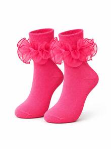 3/1 Pair Women Ruffled Mesh Trim Mid‑Calf Socks, Sweet Lolita Style Frilly Decorative Crew Socks, Stretchy Soft Fashion Socks, Cute Statement Socks For Cosplay, Dress Matching, Party, Daily Outfit And Campus Wear, Multi‑Color Options - Multicolor - View 10