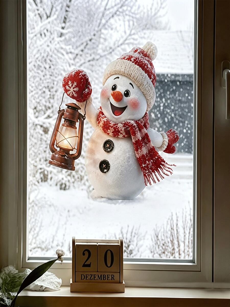 1pc Charming Snowman Window Sticker With Cute Winter Lantern Decal For Home Decor Double Sided Static Cling For Glass Door Display Living Room Bedroom Shop Showcase Holiday Decor Holiday Party Window Decor Accessories Christmas Window Decals - Multiple Styles - View 1