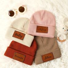 MerexSync Personalized Knit Hat, Customized Name Faux Leather Patch Cap, Unisex, Ribbed Cuff, Warm Winter Hat, Casual Daily Outdoor Gift Knit Hat, Suitable For Daily Wear And Gifting, Christmas Hat, Adult Personalized Knit Hat, Handmade Winter Hat - Multicolor - View 6