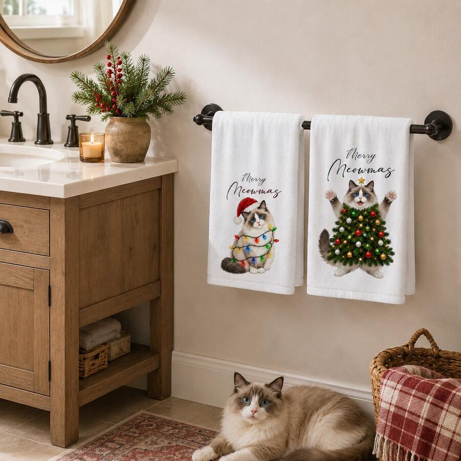 2/4/6件組聖誕主題貓咪浴室毛巾套組,浴室套組,Merry Meowmas 小貓手巾,浴室裝飾與配件,廚房裝飾與配件,聖誕禮物 - 彩色 - 查看 1