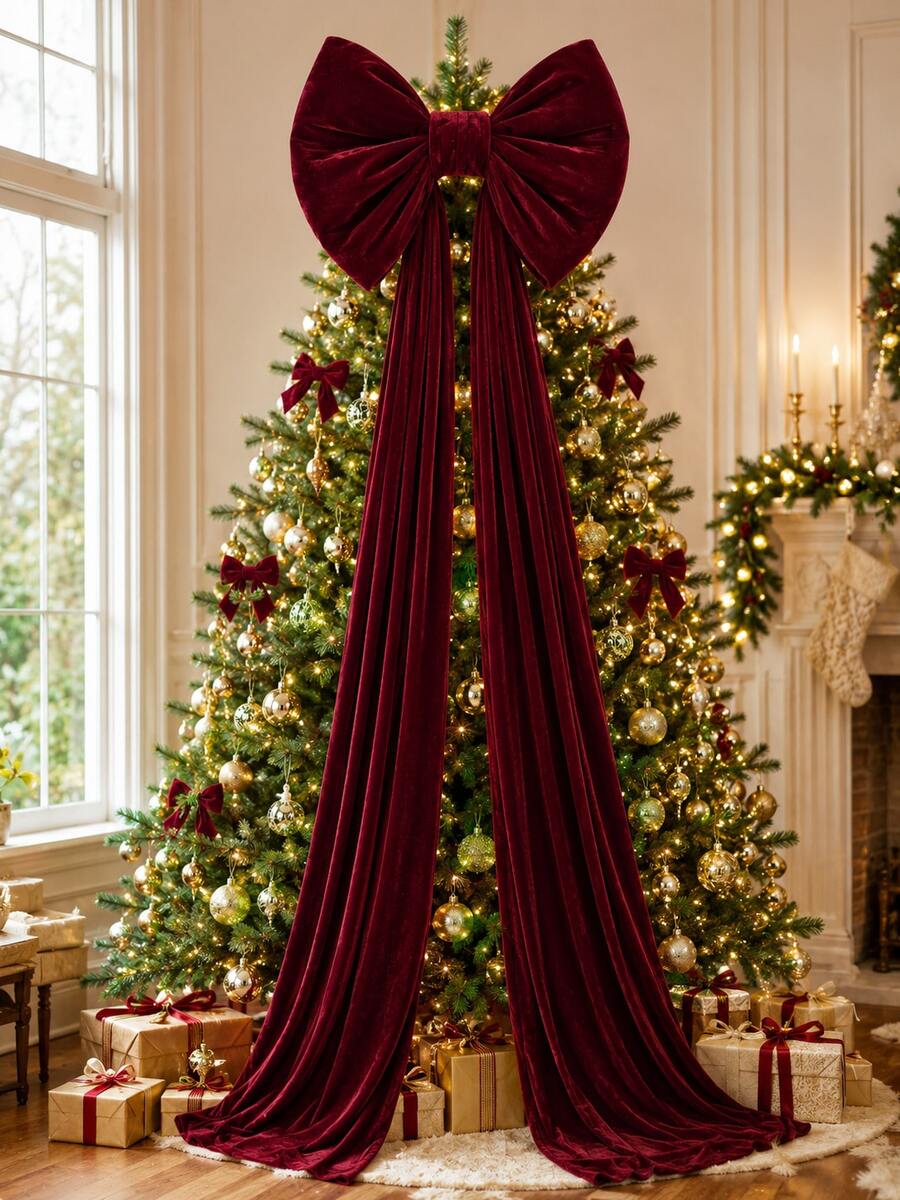 71 Inch Large Burgundy Velvet Christmas Tree Bow Decoration, Luxury Satin Ribbon Bow With Long Tail, Elegant Christmas Tree Topper, Suitable For Holiday Party, Door Decor, Wreath, Fireplace Mantel, Home Decor And Wedding Decoration - Claret - View 1