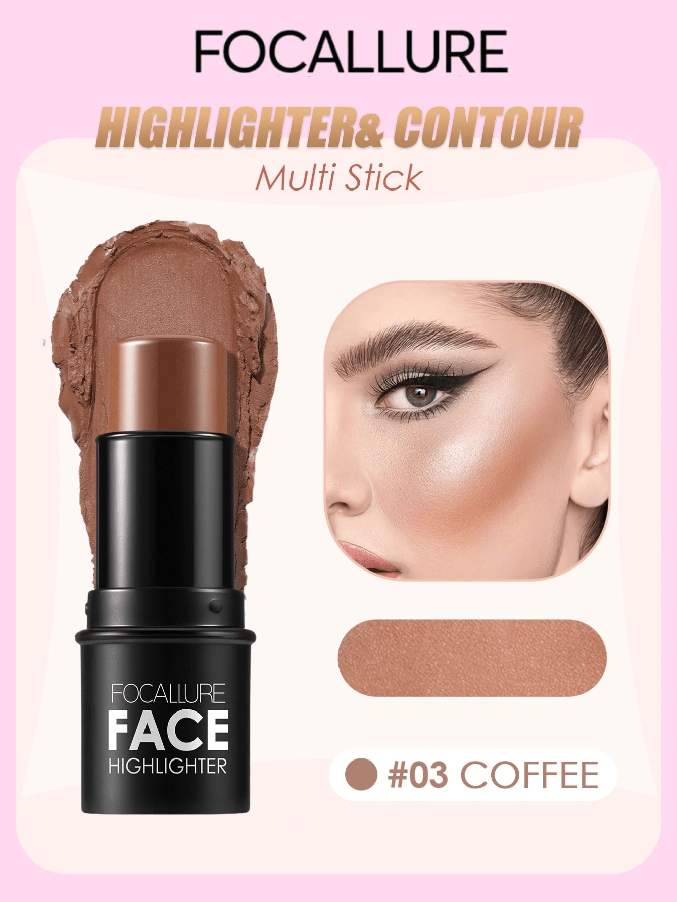 FOCALLURE Stik Kontur Krim dengan Highlighter, Bronzer, dan Blush, Pena Kontur Wajah Tahan Lama dan Tidak Berminyak, Mudah Membentuk Wajah dan Menciptakan Efek Riasan Ringan - #03 KOPI - View 1