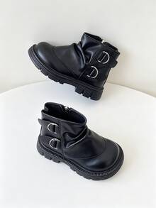 Girls' Ruched Ankle Boots With Buckle, Faux Leather Back Zipper Thick Sole, Autumn Winter 2026 - Black - View 3
