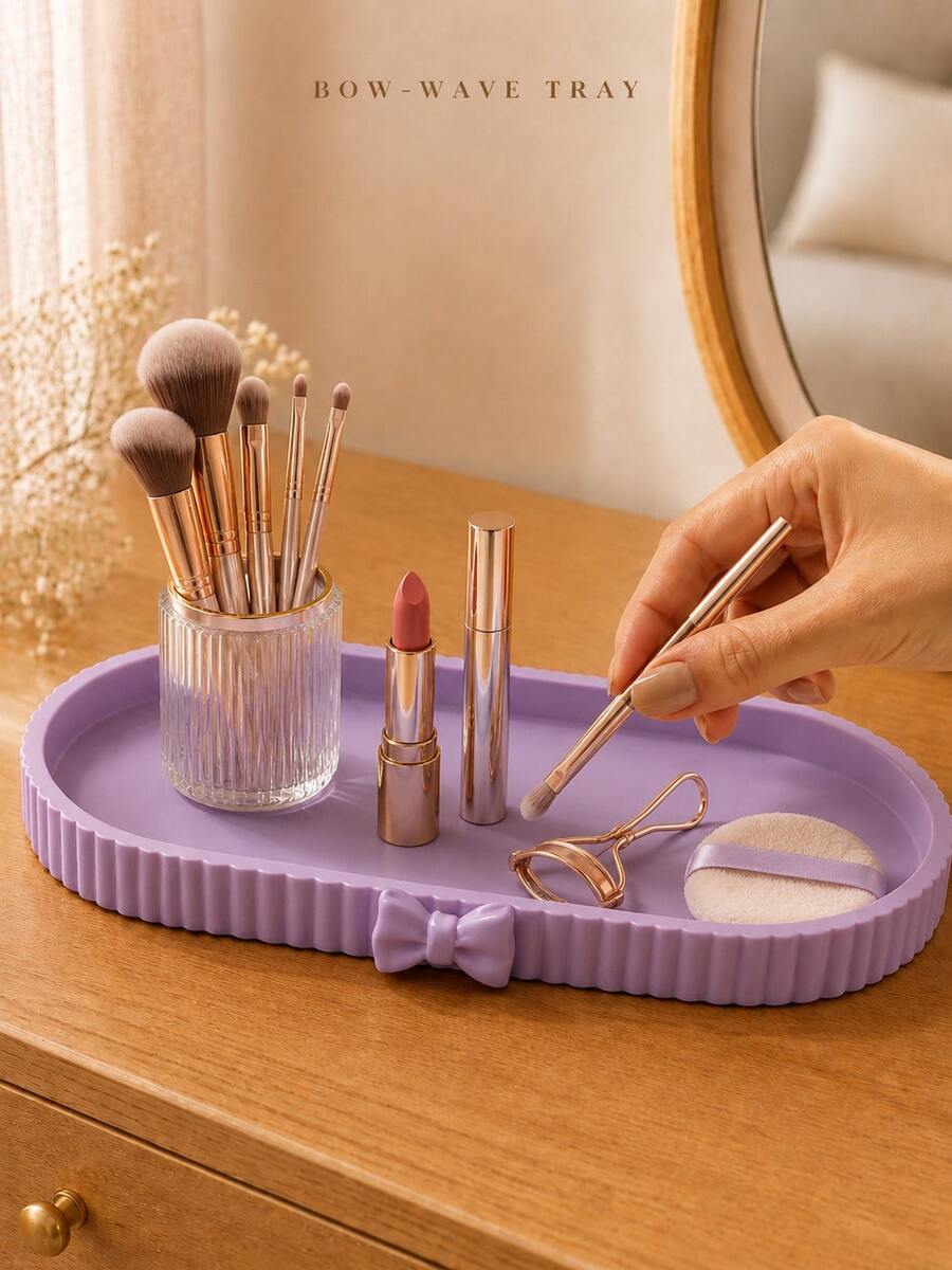 Bowknot Wavy Pattern Makeup Brush Storage Tray - Bowknot Wavy Pattern Makeup Tool Organizer, Suitable For Storing Makeup Brushes, Nail Art Tools, Perfumes, Various Makeup And Nail Art Tools, Aromatherapy Display Rack, Practical Fruit Bowl, Coffee Table Decorative Tray; Applicable For Living Room, Dining Room, Kitchen, Bathroom And Other Home Daily Storage And Organization. - Multicolor - View 1