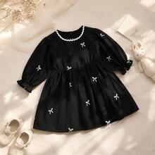 1pc Baby Girl Mesh Embroidered Bow Dress, Spring/Autumn Versatile Formal Gown, Full Moon Celebration Outfit - Black - View 1