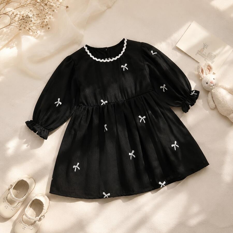 1pc Baby Girl Mesh Embroidered Bow Dress, Spring/Autumn Versatile Formal Gown, Full Moon Celebration Outfit - Black - View 1