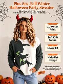 Plus Size Women's Autumn/Winter 3D All-Over Print Halloween Witch Pattern Knit Sweater, Loose Fit Flattering Concealing Round Neck Long Sleeve Pullover Party Top - Black and White - View 2