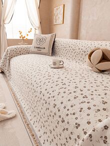 1pc Cream Vintage Small Brown Floral Sofa Throw, With Tassel Edge, Soft Universal Sofa Protector Blanket, Retro Decorative Sofa Cover, Create Cozy Living Room Atmosphere - Khaki - View 8