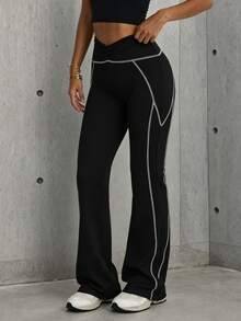 Hidkat Women's Fashion Solid Color Ruched High Waist Yoga Casual Slim Fit Sports Knit Flare Pants - Black - View 5
